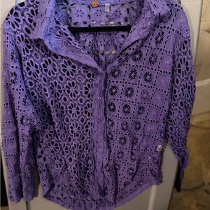 Lilac Crochet Eyelet Button-Down Shirt - Women's Lightweight Layering Top